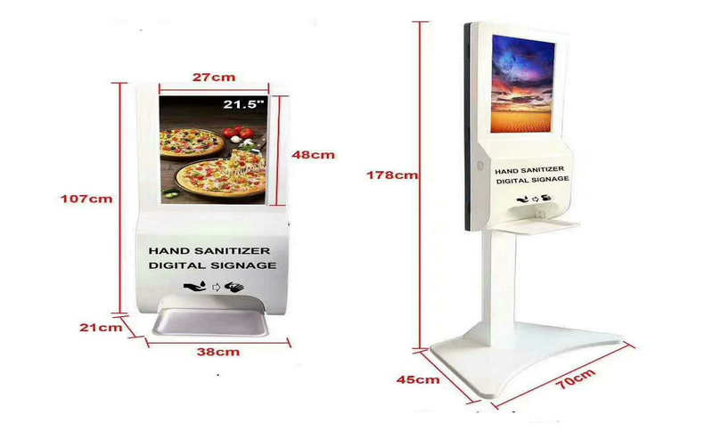 Pantalla LCD de pie y montada en la pared para interiores con desinfectante para manos